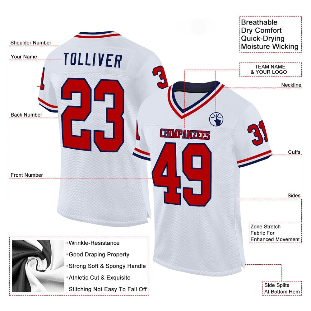 Custom White Red Navy Mesh Authentic Throwback Football Jersey, Team Jerseys Football, Custom Football Jersey