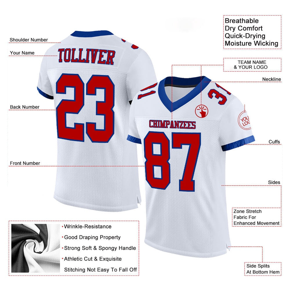 Custom White Red Royal Mesh Authentic Football Jersey, Team Jerseys Football, Custom Football Jersey