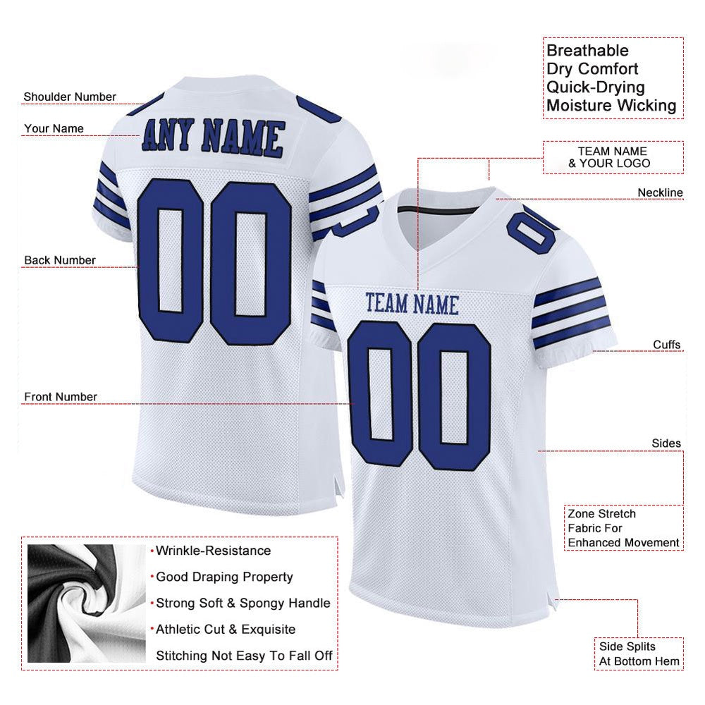 Custom White Royal Black Mesh Authentic Football Jersey, Team Jerseys Football, Custom Football Jersey
