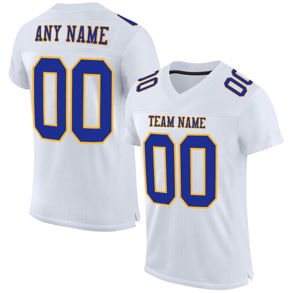 Custom White Royal Gold Mesh Authentic Football Jersey, Team Jerseys Football, Custom Football Jersey