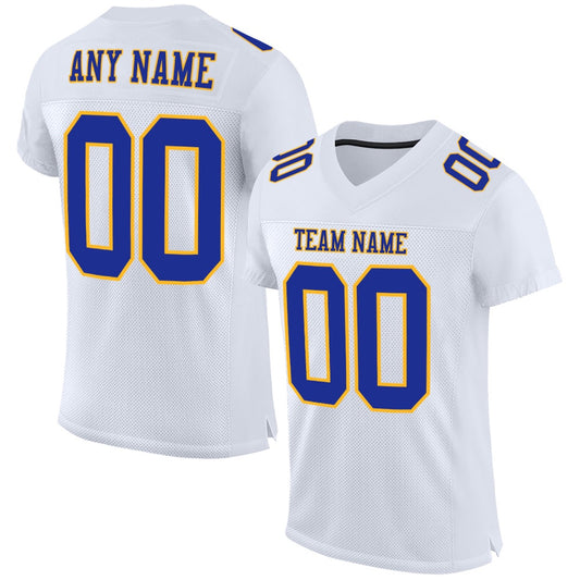 Custom White Royal Gold Mesh Authentic Football Jersey, Team Jerseys Football, Custom Football Jersey