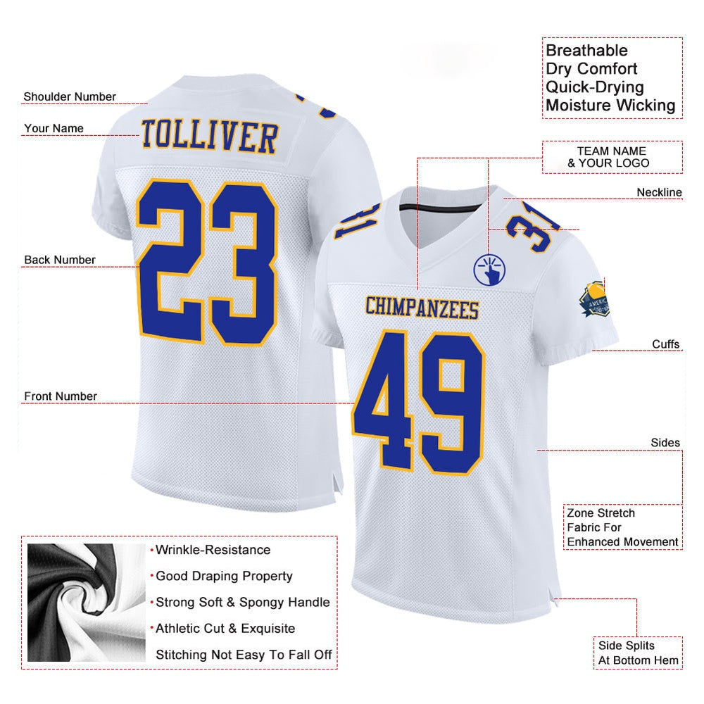 Custom White Royal Gold Mesh Authentic Football Jersey, Team Jerseys Football, Custom Football Jersey