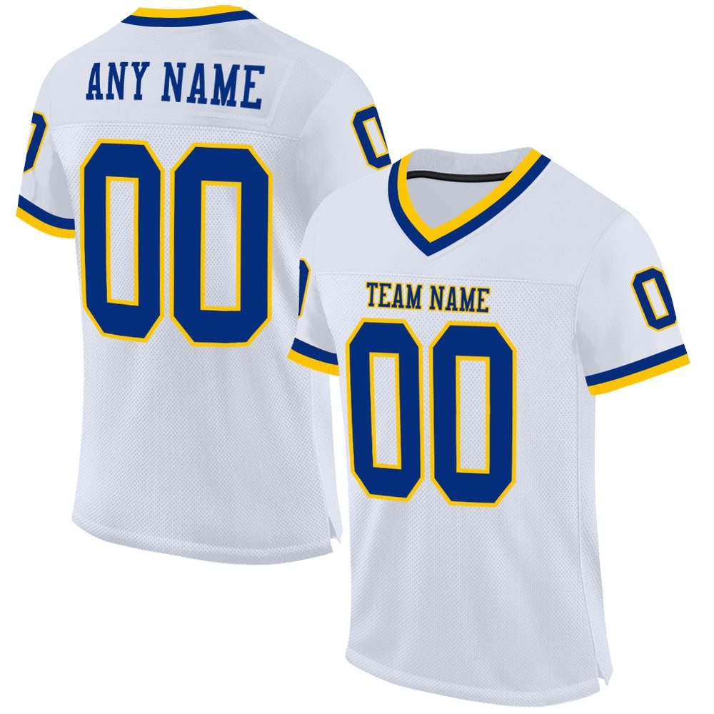Custom White Royal Gold Mesh Authentic Throwback Football Jersey, Team Jerseys Football, Custom Football Jersey