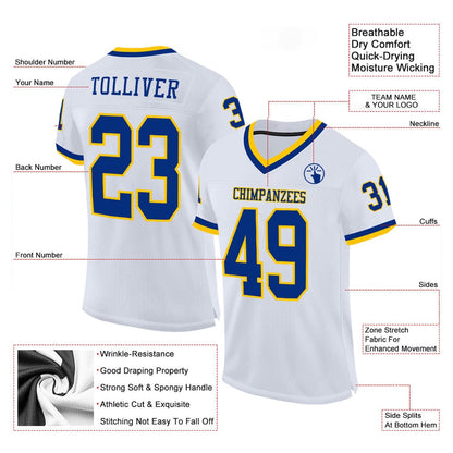 Custom White Royal Gold Mesh Authentic Throwback Football Jersey, Team Jerseys Football, Custom Football Jersey