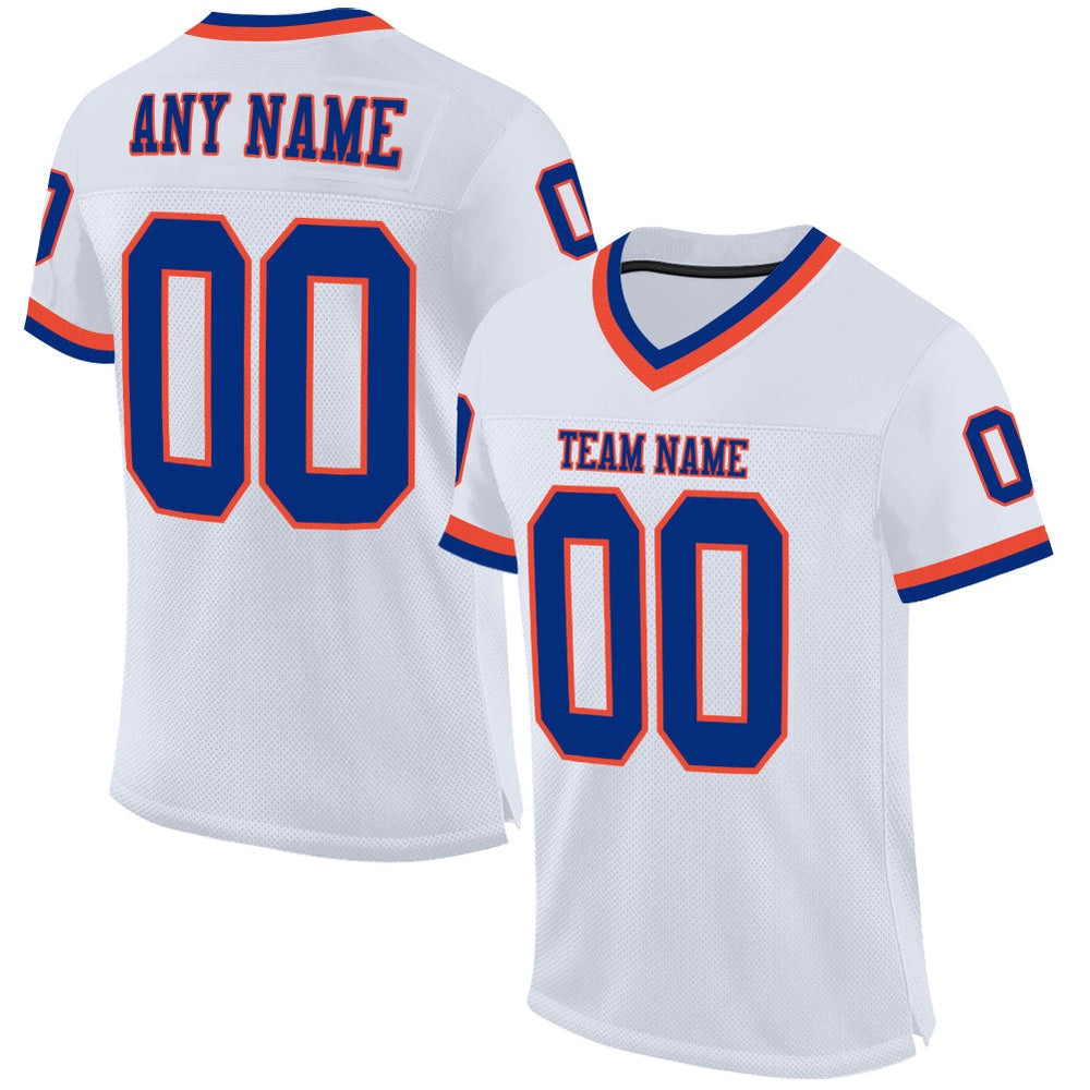 Custom White Royal Orange Mesh Authentic Throwback Football Jersey, Team Jerseys Football, Custom Football Jersey