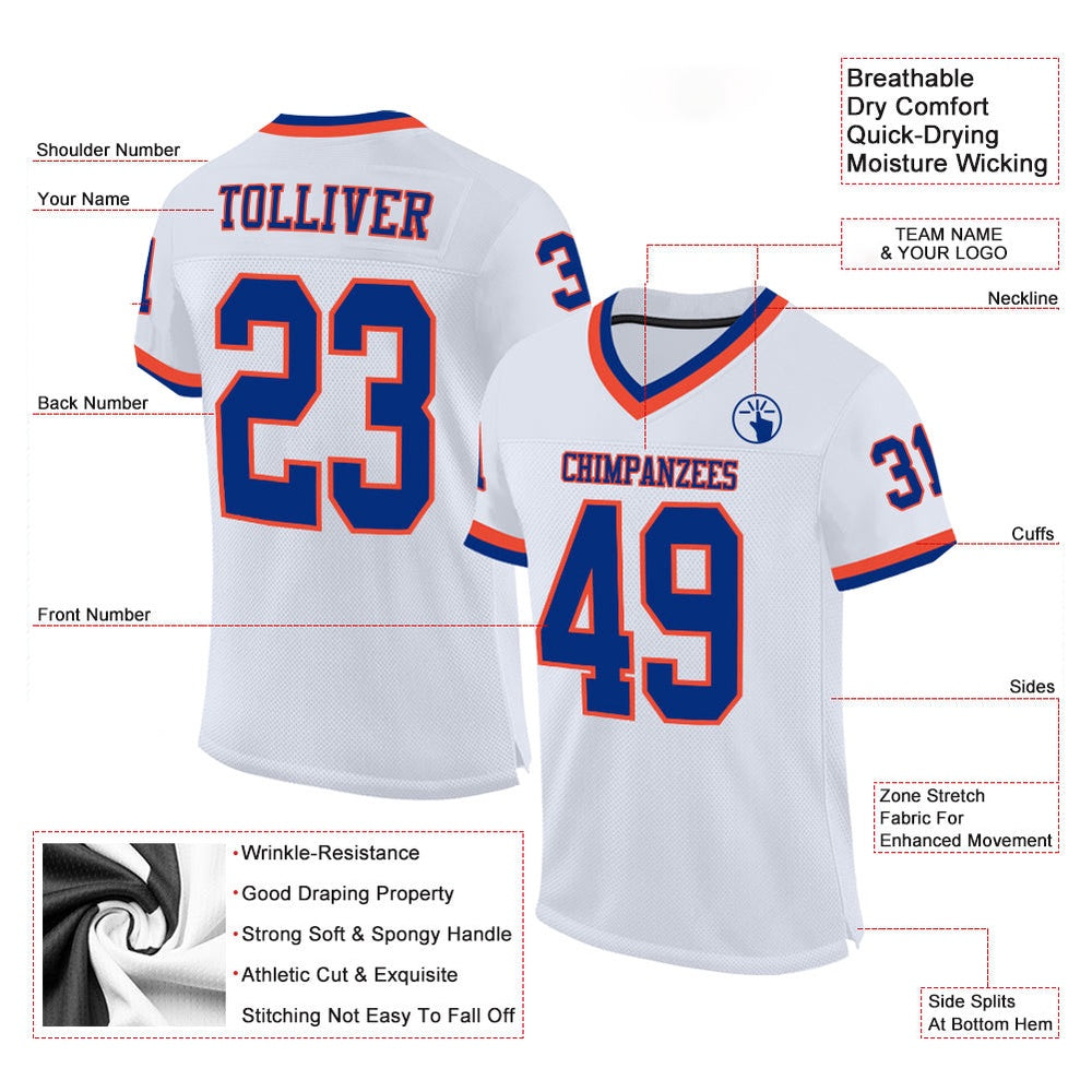 Custom White Royal Orange Mesh Authentic Throwback Football Jersey, Team Jerseys Football, Custom Football Jersey