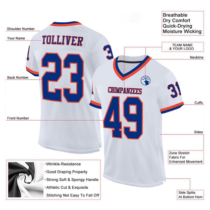 Custom White Royal Orange Mesh Authentic Throwback Football Jersey, Team Jerseys Football, Custom Football Jersey