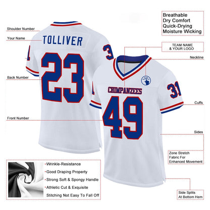 Custom White Royal Red Mesh Authentic Throwback Football Jersey, Team Jerseys Football, Custom Football Jersey
