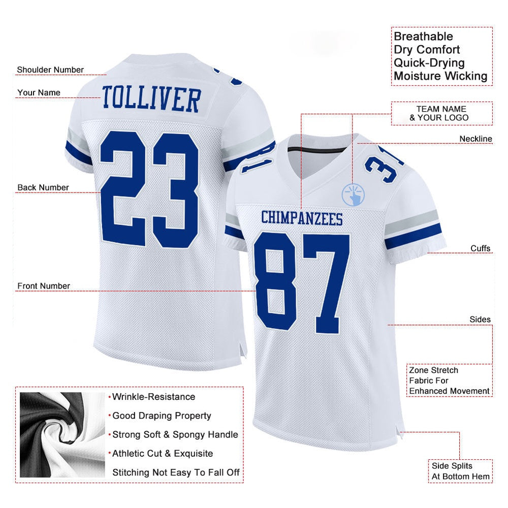 Custom White Royal Silver Mesh Authentic Football Jersey, Team Jerseys Football, Custom Football Jersey