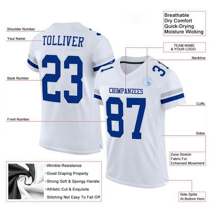 Custom White Royal Silver Mesh Authentic Football Jersey, Team Jerseys Football, Custom Football Jersey