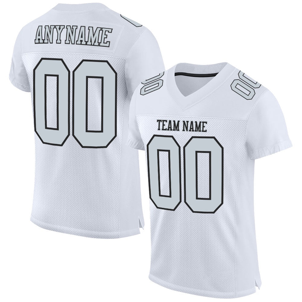 Custom White Silver Black Mesh Authentic Football Jersey, Team Jerseys Football, Custom Football Jersey