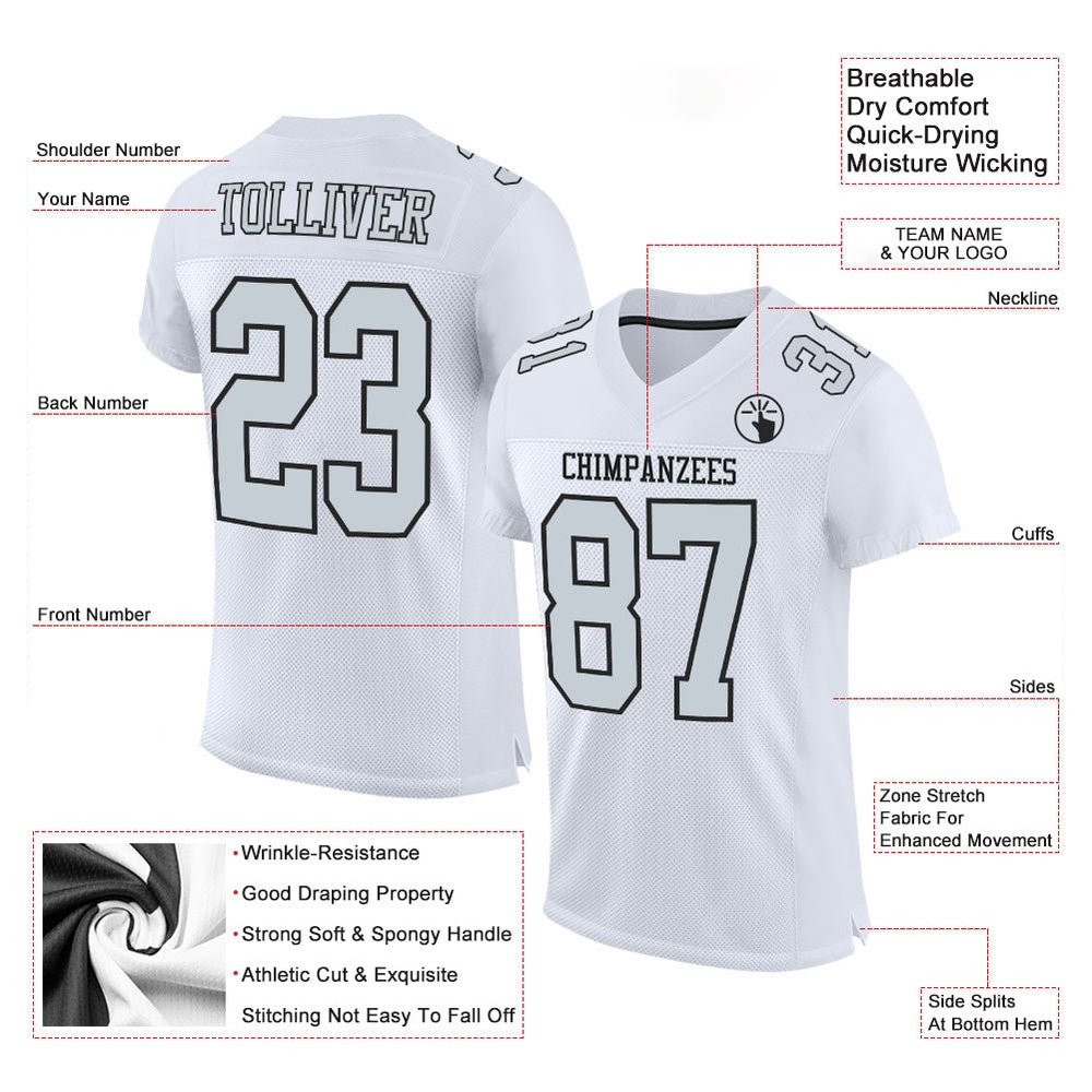 Custom White Silver Black Mesh Authentic Football Jersey, Team Jerseys Football, Custom Football Jersey