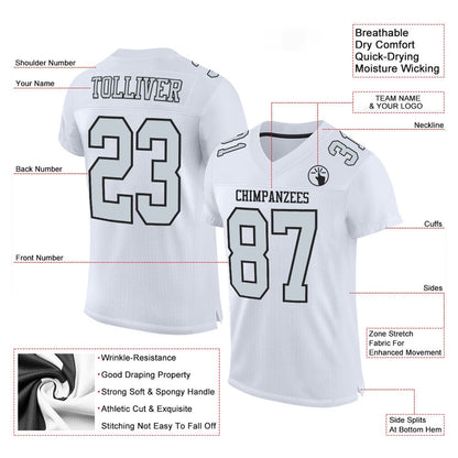 Custom White Silver Black Mesh Authentic Football Jersey, Team Jerseys Football, Custom Football Jersey