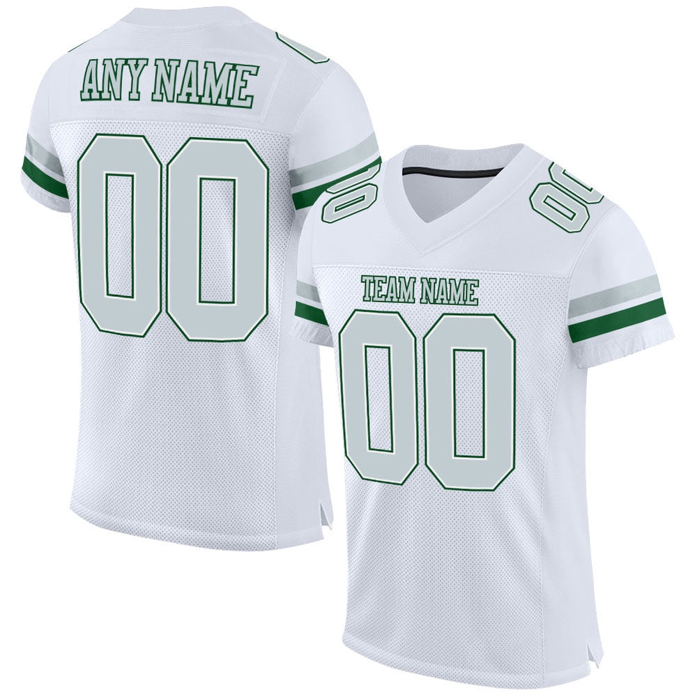 Custom White Silver Green Mesh Authentic Football Jersey, Team Jerseys Football, Custom Football Jersey