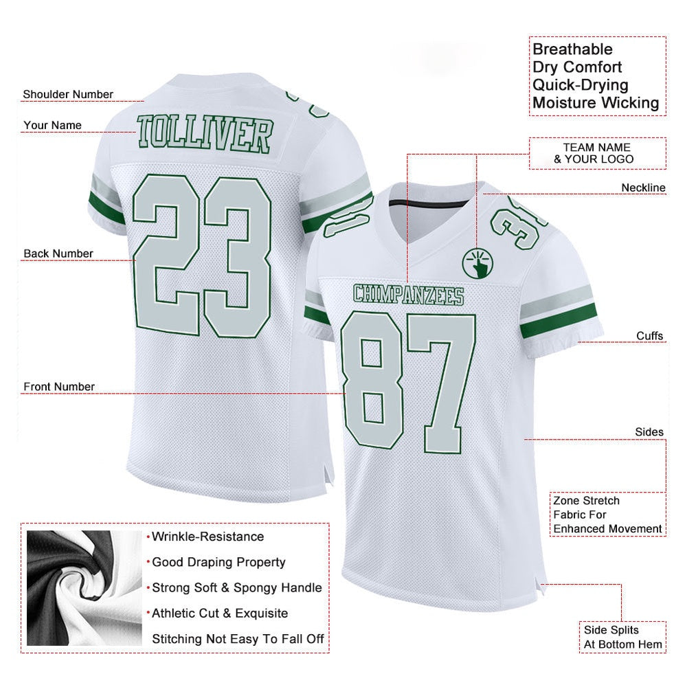 Custom White Silver Green Mesh Authentic Football Jersey, Team Jerseys Football, Custom Football Jersey