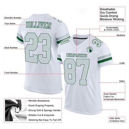 Custom White Silver Green Mesh Authentic Football Jersey, Team Jerseys Football, Custom Football Jersey