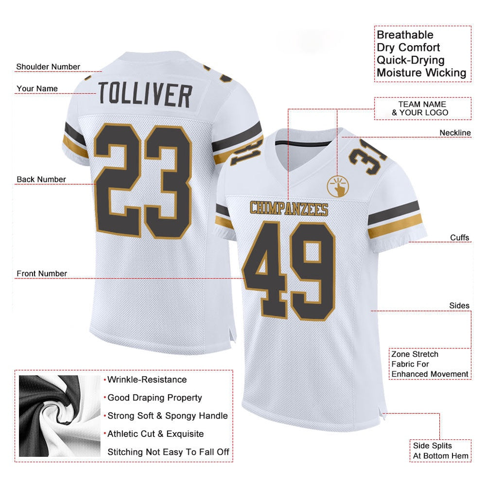 Custom White Steel Gray Old Gold Mesh Authentic Football Jersey, Team Jerseys Football, Custom Football Jersey