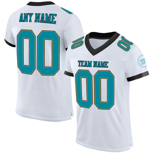 Custom White Teal Old Gold Black Mesh Authentic Football Jersey, Team Jerseys Football, Custom Football Jersey