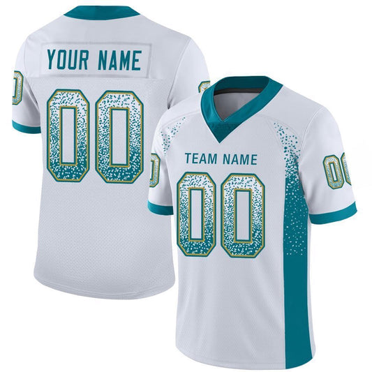 Custom White Teal Old Gold Mesh Drift Fashion Football Jersey, Team Jerseys Football, Custom Football Jersey