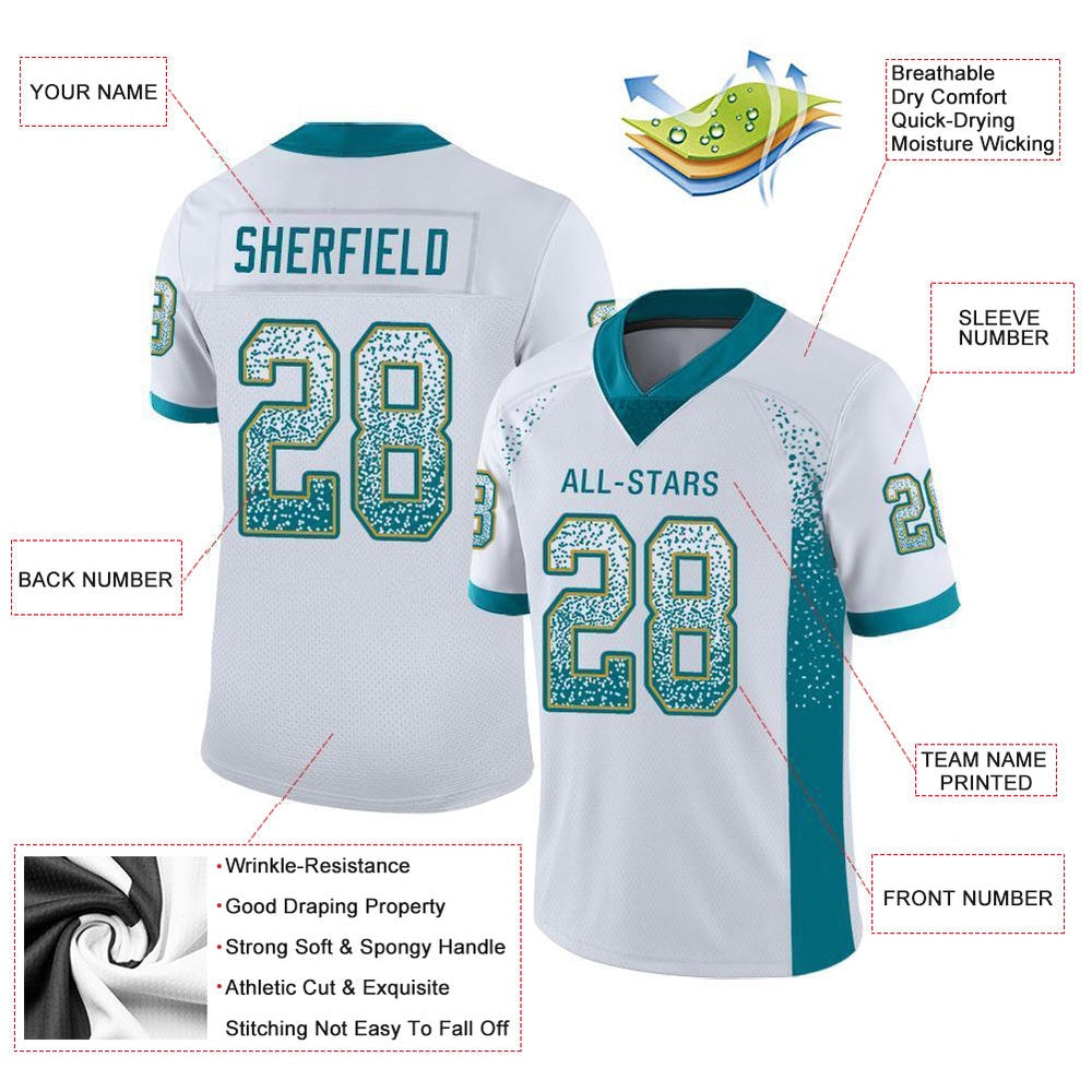 Custom White Teal Old Gold Mesh Drift Fashion Football Jersey, Team Jerseys Football, Custom Football Jersey