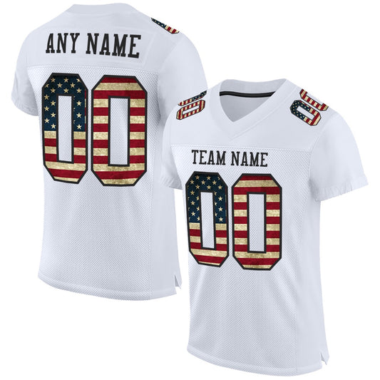 Custom White Vintage USA Flag Black Mesh Authentic Football Jersey, Team Jerseys Football, Custom Football Jersey