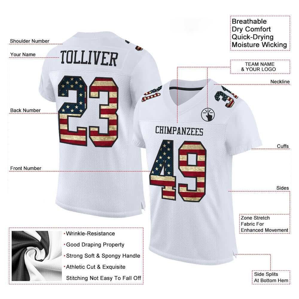 Custom White Vintage USA Flag Black Mesh Authentic Football Jersey, Team Jerseys Football, Custom Football Jersey