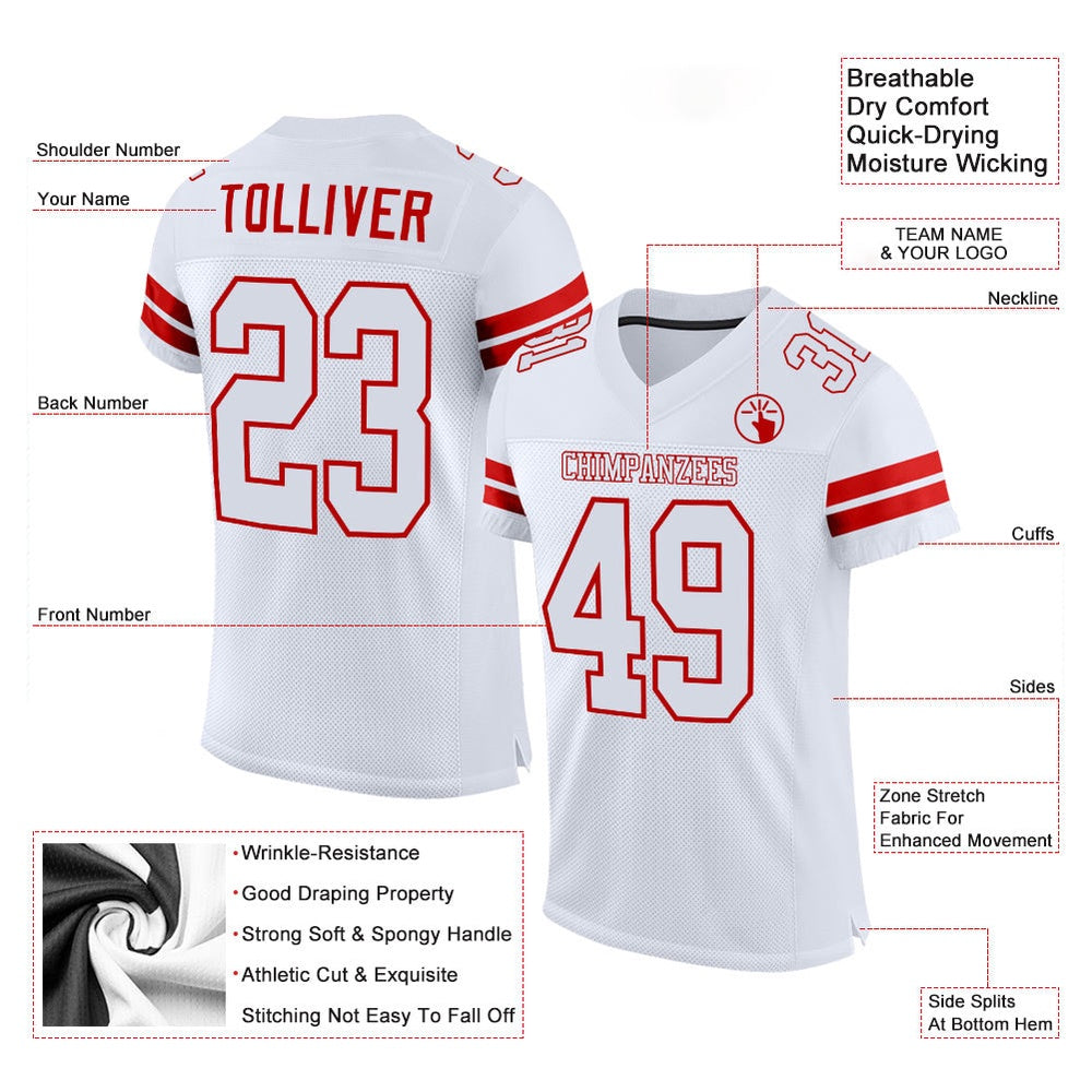 Custom White White Red Mesh Authentic Football Jersey, Team Jerseys Football, Custom Football Jersey