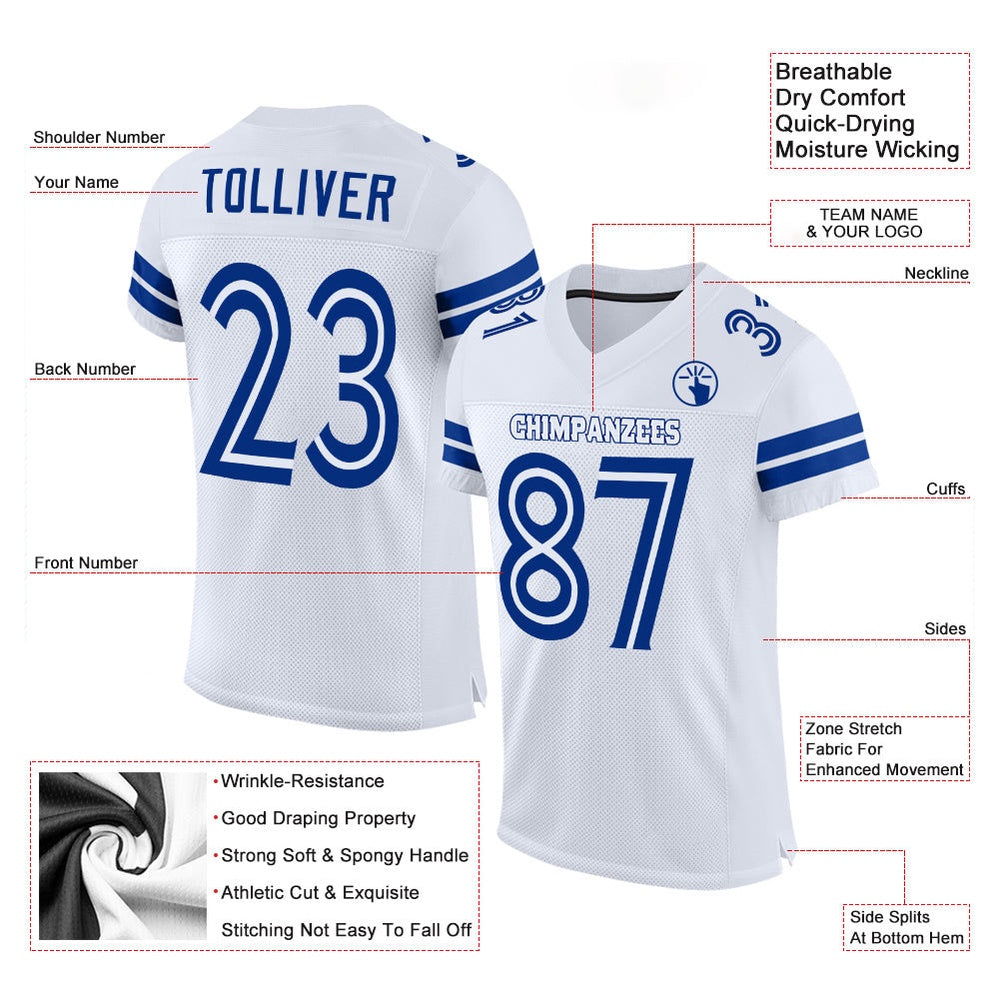 Custom White White Royal Mesh Authentic Football Jersey, Team Jerseys Football, Custom Football Jersey