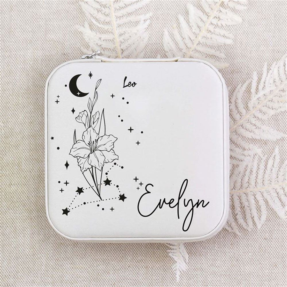 Custom Zodiac Sign Jewelry Box With Flower, Personalized Celestial Jewelry Box W Name, Mother's Day Jewelry Case
