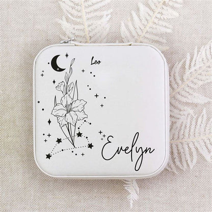 Custom Zodiac Sign Jewelry Box With Flower, Personalized Celestial Jewelry Box W Name, Mother's Day Jewelry Case