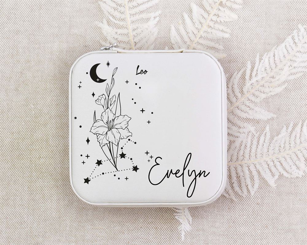 Custom Zodiac Sign Jewelry Box With Flower, Personalized Celestial Jewelry Box W Name, Mother's Day Jewelry Case