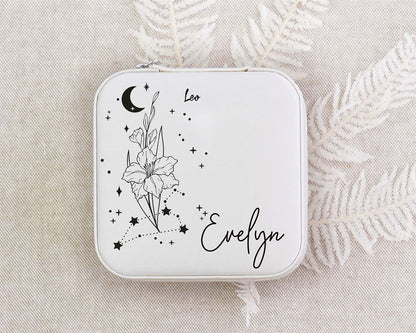 Custom Zodiac Sign Jewelry Box With Flower, Personalized Celestial Jewelry Box W Name, Mother's Day Jewelry Case