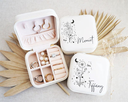 Custom Zodiac Sign Jewelry Box With Flower, Personalized Celestial Jewelry Box W Name, Mother's Day Jewelry Case