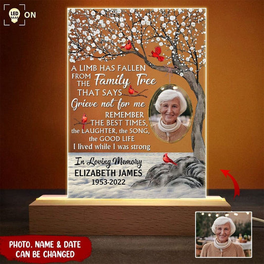 Customize Photo Family Loss Cardinal A Limb Has Fallen Memorial Gift Acrylic Plaque LED Lamp Night Light, Mother's Day Night Lights For Bedroom