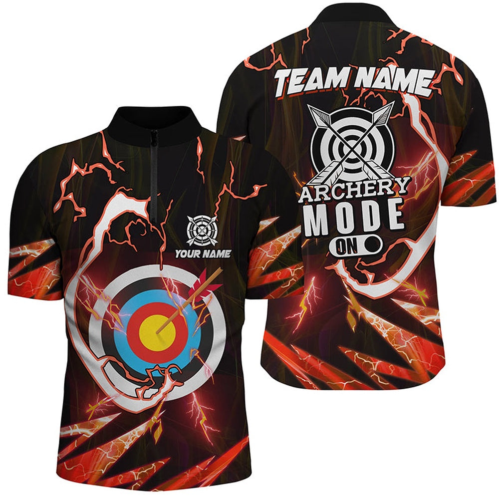Customized Red Thunder Archery Mode On Men Quarter-Zip Shirts, Archery Jerseys Team Shirts, Archery Team Shirts, Custom Archery Shirts