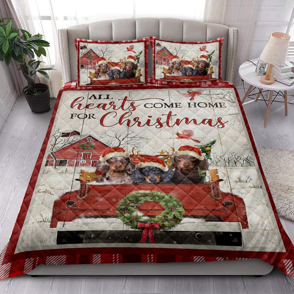 Dachshund Quilt Set, Dachshund With Truckmas Tree Snowflake Farmho Use Red Plaid Quilt Blanket