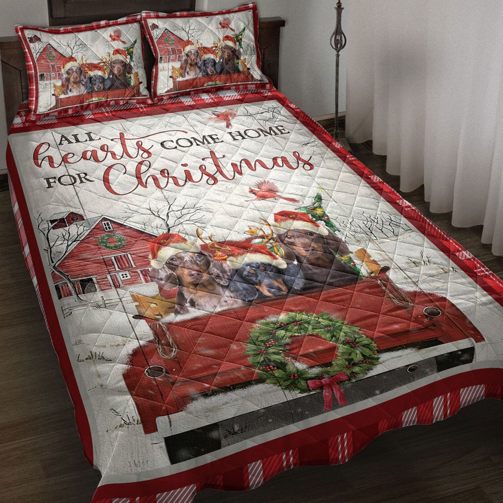 Dachshund Quilt Set, Dachshund With Truckmas Tree Snowflake Farmho Use Red Plaid Quilt Blanket