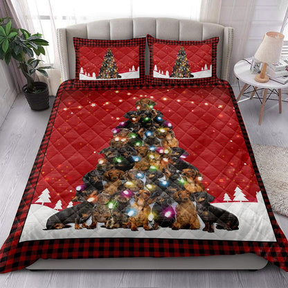 Dachshund Quilt Set, Dachshundmas Noel Xmas Tree Dog Quilt Blanket