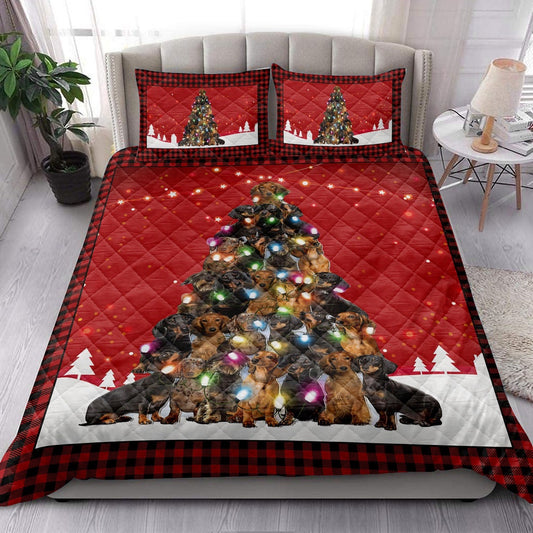Dachshund Quilt Set, Dachshundmas Noel Xmas Tree Dog Quilt Blanket