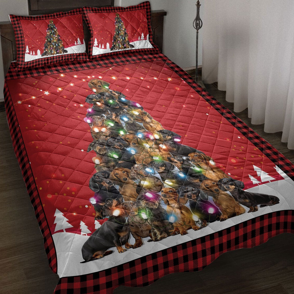 Dachshund Quilt Set, Dachshundmas Noel Xmas Tree Dog Quilt Blanket