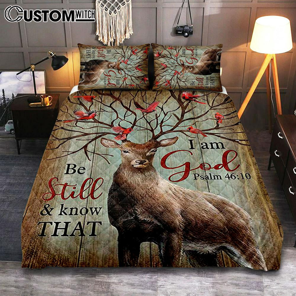 Deer Cardinal Be Still And Know That I Am God Quilt Bedding Set Art 