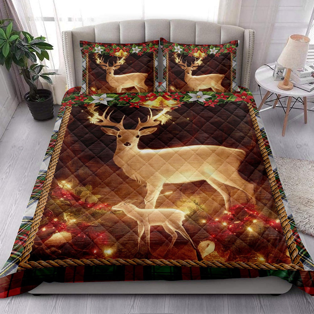 Deer Quilt Set, Beautiful Deer And Son Withmas Light And Garlands Quilt Blanket