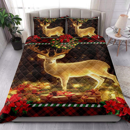 Deer Quilt Set, Beautiful Deer Inest With Wreath Chrismasmass Quilt Blanket