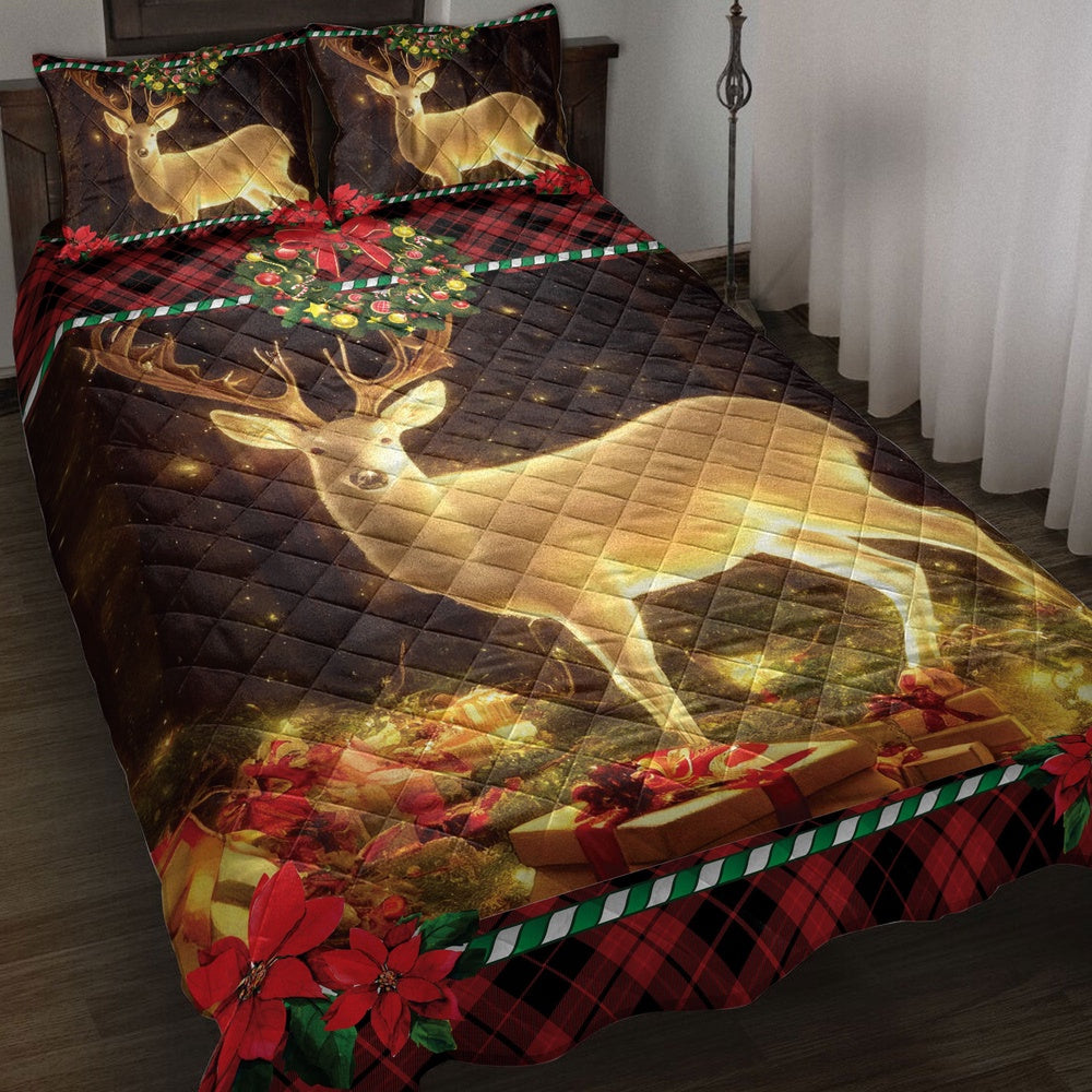 Deer Quilt Set, Beautiful Deer Inest With Wreath Chrismasmass Quilt Blanket