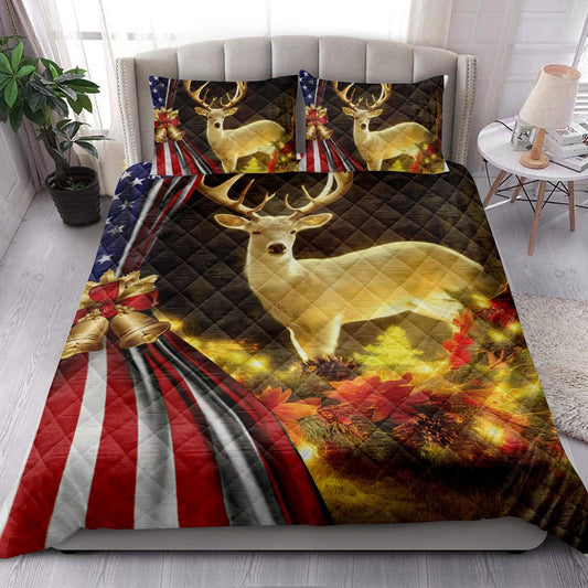 Deer Quilt Set, Beautiful Deer Inestmas Bell Us Flagmas Quilt Blanket