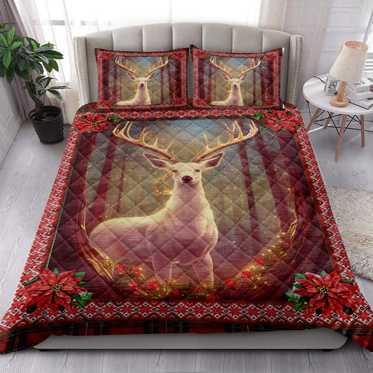 Deer Quilt Set, Beautiful Deer Inestmas Light Mistletoe Poinsettia Quilt Blanket