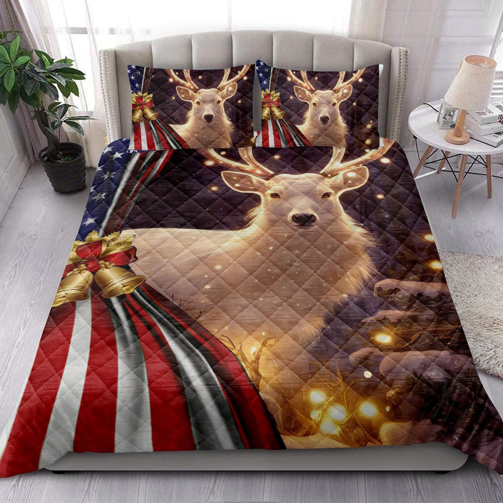 Deer Quilt Set, Beautiful Deer Withmas Bell Us Flagmas Quilt Blanket