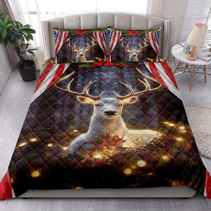 Deer Quilt Set, Beautiful Deermas Light Inest Us Flag Quilt Blanket