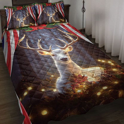 Deer Quilt Set, Beautiful Deermas Light Inest Us Flag Quilt Blanket