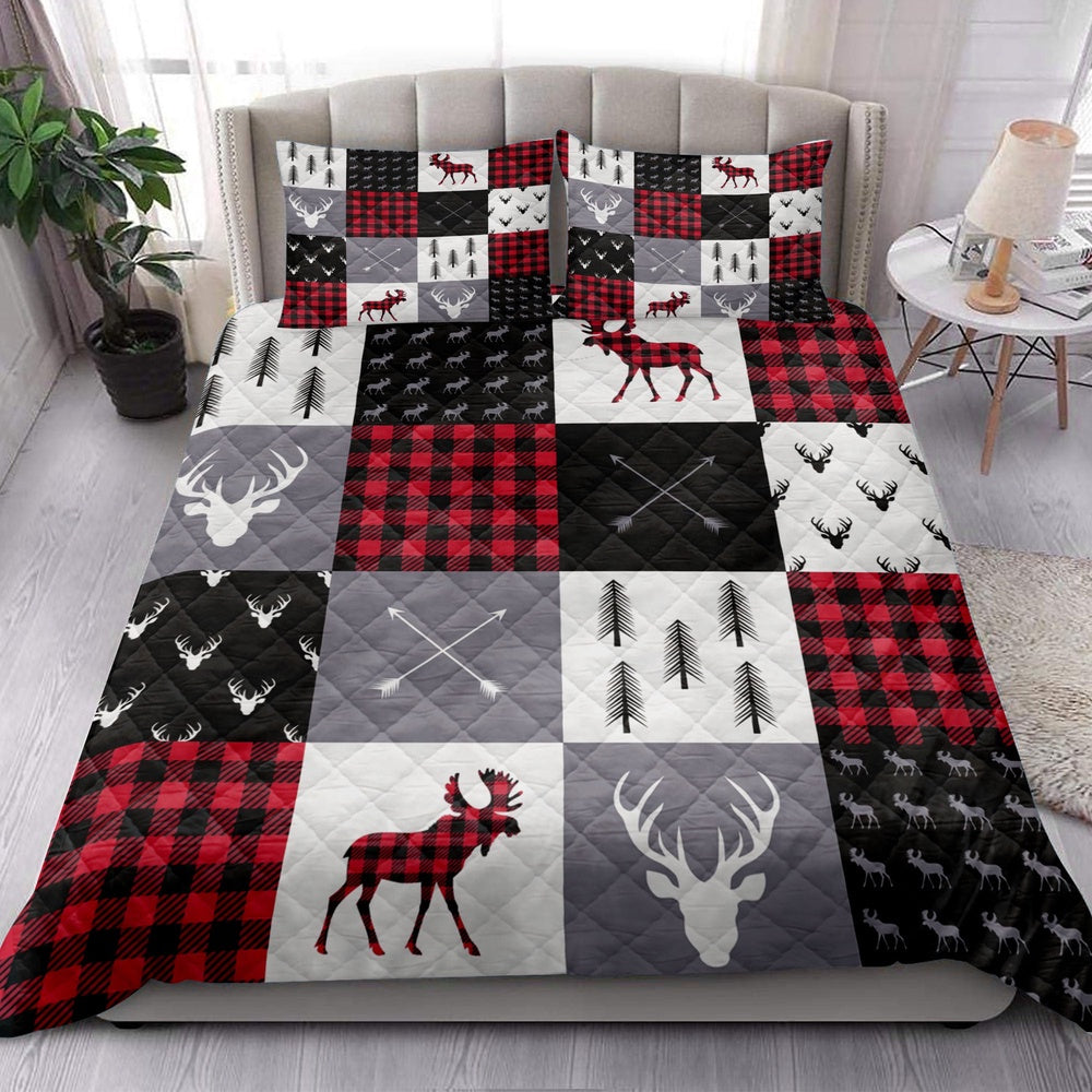 Deer Quilt Set, Buffalo Plaid Patchwork Elk Arrows Deer Head And Trees Chrismas Quilt Blanket